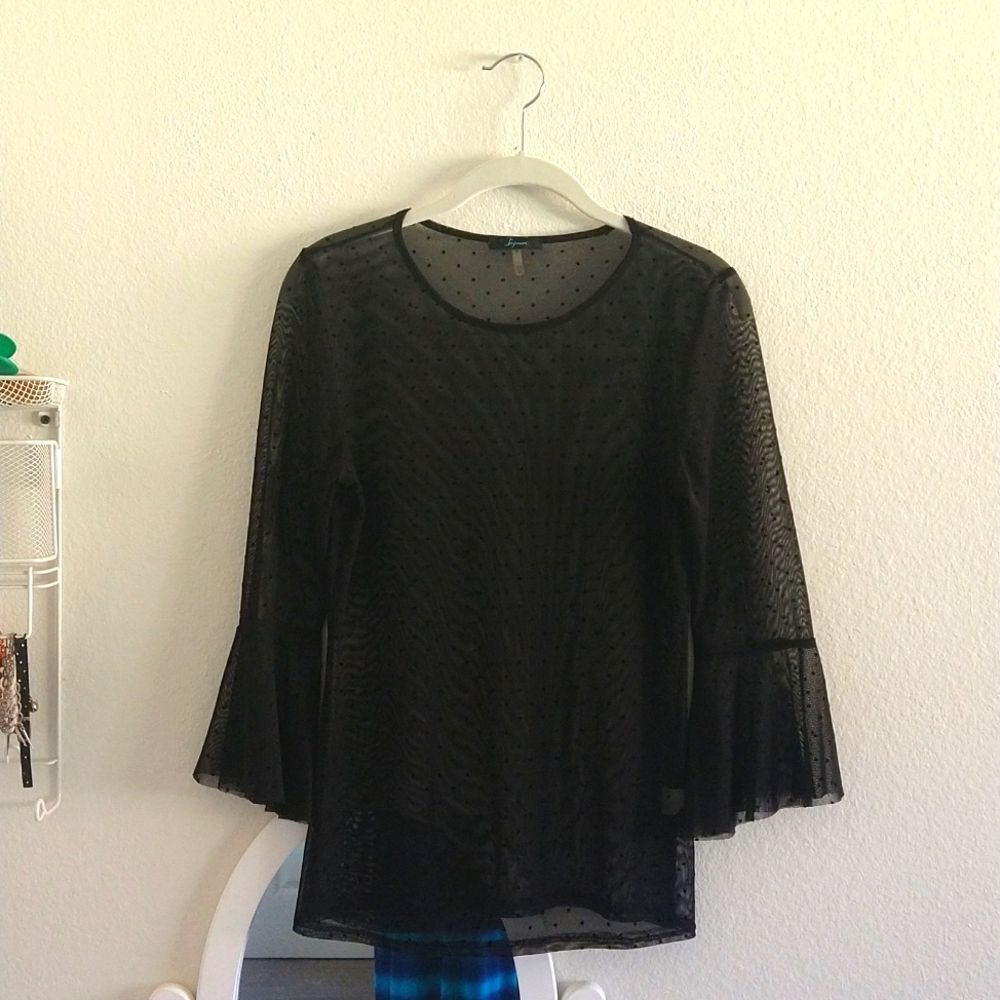 Soprano Dot Mesh Top with Bell Sleeves Black size Small